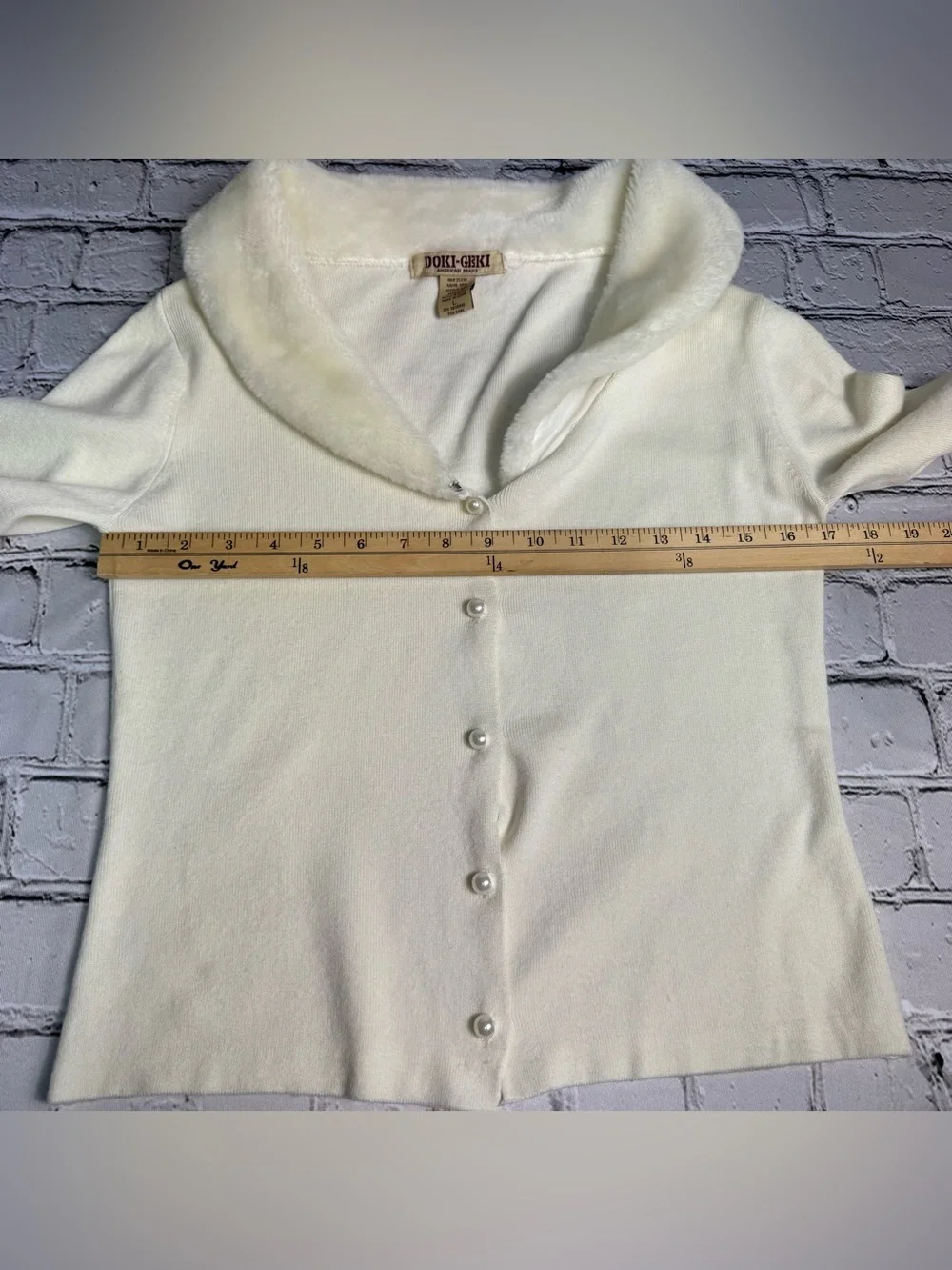 Vtg Y2K Doki Geki Ivory Button Cardigan Faux Fur Collar Winter Coquette Size L